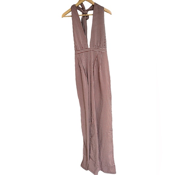 Cider Brown Gingham Plunge V-Neck One Piece Wide Leg Pantsuit Jumpsuit Size XL - Picture 9 of 16